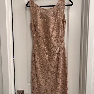 Connected Apparel Lace Midi Dress in Tan